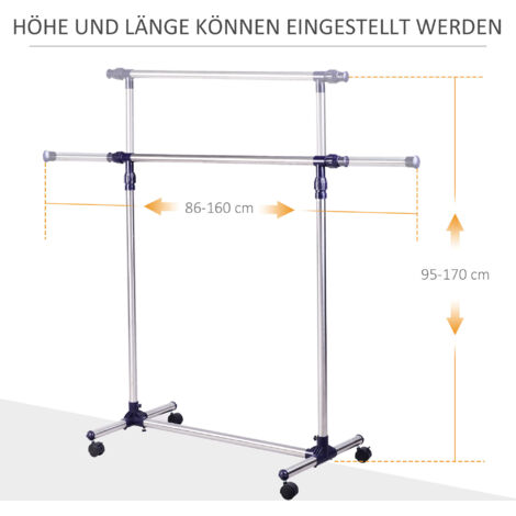 Porte-manteau HOMCOM, portant à vêtements sur roulettes, tringle réglable en hauteur et extensible, armoire autoportante pour entrée, acier inoxydable, 86 x 45 x 95 cm