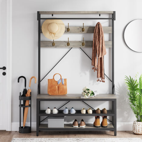 Porte-manteau industriel Banc à chaussures 183cm Porte-chaussures pour entrée Grande étagère de rangement et crochets amovibles Cadre en métal