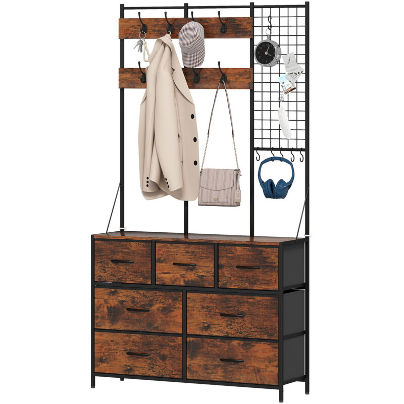 Porte manteau Meuble d'entrée 4 en 1, portemanteau, vestiaire avec 7 tiroirs en tissu et 14 crochets, 100 x 30 x 183 cm, brun rustique