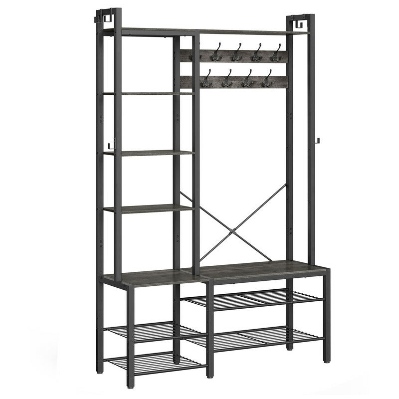 Vasagle - Porte-manteau, Meuble d'Entrée, avec Porte-chaussures, 5 Étagères de Rangement, 9 Patères et 6 Crochets Latéraux, 40 x 120 x 190 cm, Gris