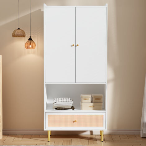 Porte-Manteau, Meuble d’Entrée, Vestiaire 2 portes 80x175 cm blanc, tiroir rotin PE, tringle, pieds métal