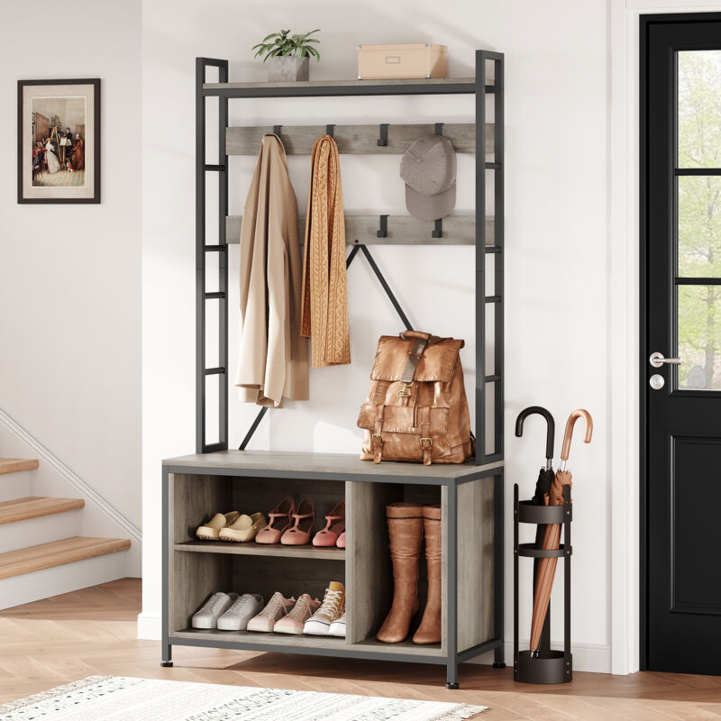 Porte-Manteau, Meuble d’entrée, Vestiaire avec 8 Crochets, 3 compartiments de Rangement, Banc à Chaussures, Portant à Vêtements,gris