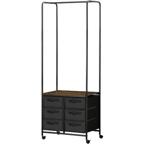 Porte manteau Meuble dressing penderie style industriel avec 6 tiroirs en tissu et 4 roulettes 63,5 x 40 x 172,5 cm noir marron