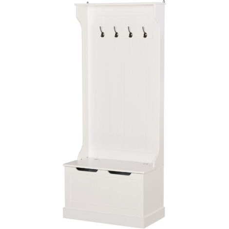 Porte-manteau moderne 3 en 1 avec 4 crochets, banc de rangement et penderie, meuble gain de place pour entrée, couloir ou chambre, en bois, 71,5 x 39,5 x 170 cm, blanc