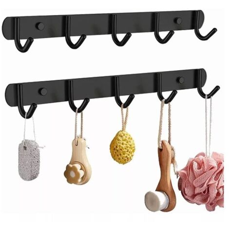 Porte-Manteau Mural, 2pcs 5 Crochets Espace Poinçon en Aluminium Porte-Manteau Suspendu Gratuit, Crochet Mural Crochets Muraux pour Clés de Sac à Dos Noir