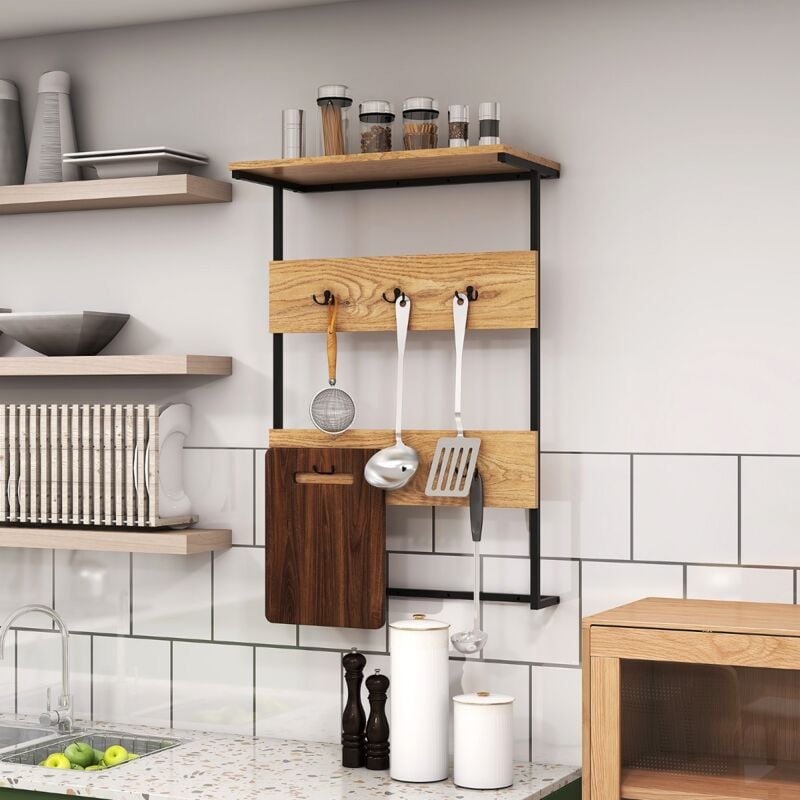 Maisonchic - Porte-manteau Mural 6 Crochets et Etagère de Présentation Portant à Vêtements Cadre en Métal Etagère Peu Encombrante Naturel CW8803