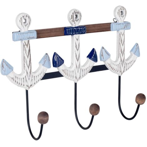 Porte-manteau mural Ancre avec 3 crochets décoratifs pour la maison - Design nautique blanc
