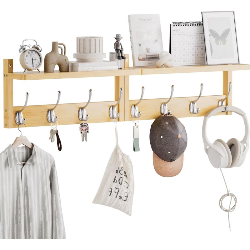 Porte-Manteau Mural Avec Étagère 80 cm, 2 Paquets de Cintres Muraux en Bambou Avec 8 Crochets Pour l'entrée, le couloir, la cuisine (Naturel)