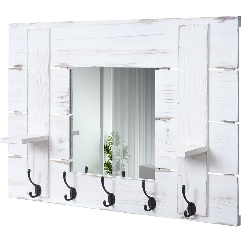 Décoshop26 - Porte manteau mural miroir panneau style vintage avec 5 crochets 90x60cm en bois blanc 040000997