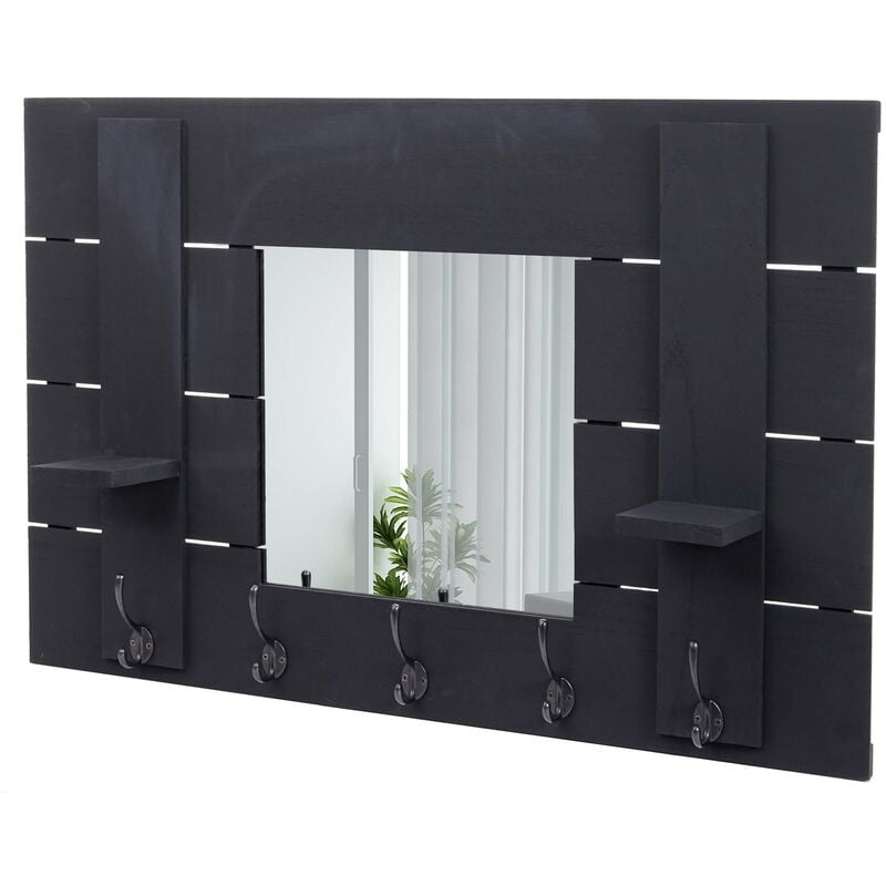 Décoshop26 - Porte manteau mural miroir panneau style vintage avec 5 crochets 90x60cm en bois gris foncé 040000996
