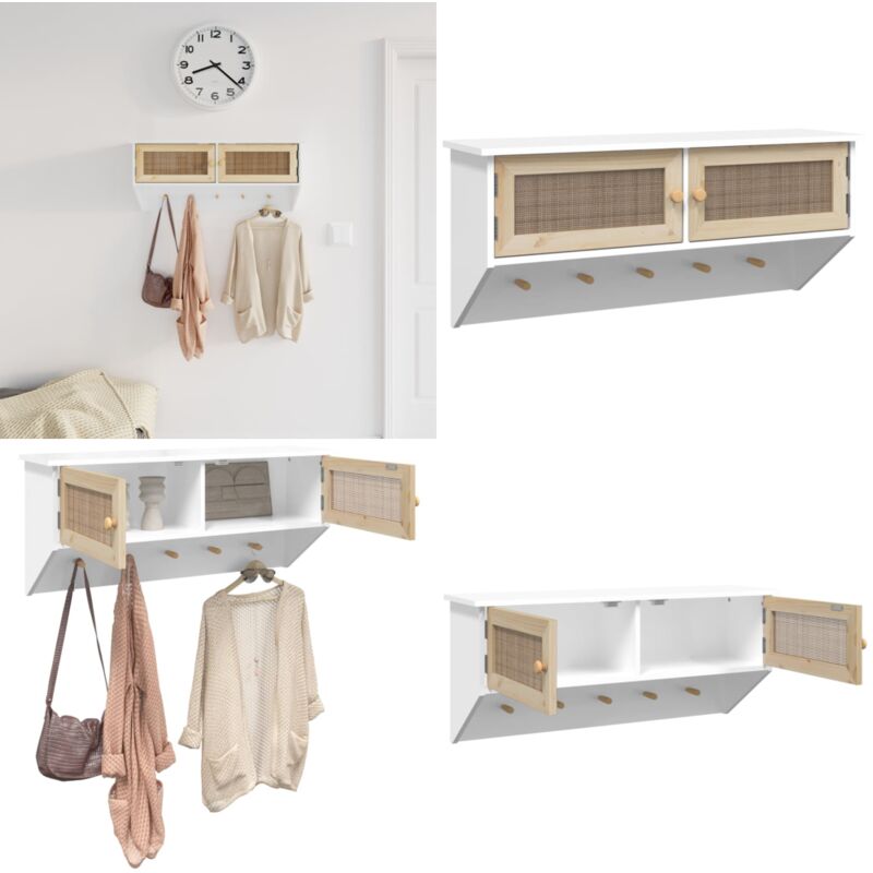 Porte-manteau mural Blanc Bois d'ingénierie et rotin naturel - Porte Manteau Mural - Meuble Rangement - Étagère Murale - Décoration Intérieur
