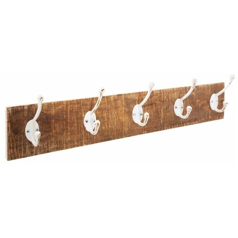 Porte Manteau Mural Bois 5 crochets blancs en fer - SILUMEN