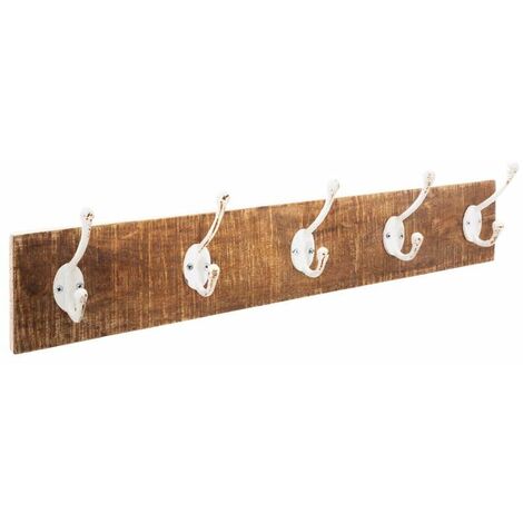 Porte Manteau Mural Bois 5 crochets blancs en fer - SILUMEN