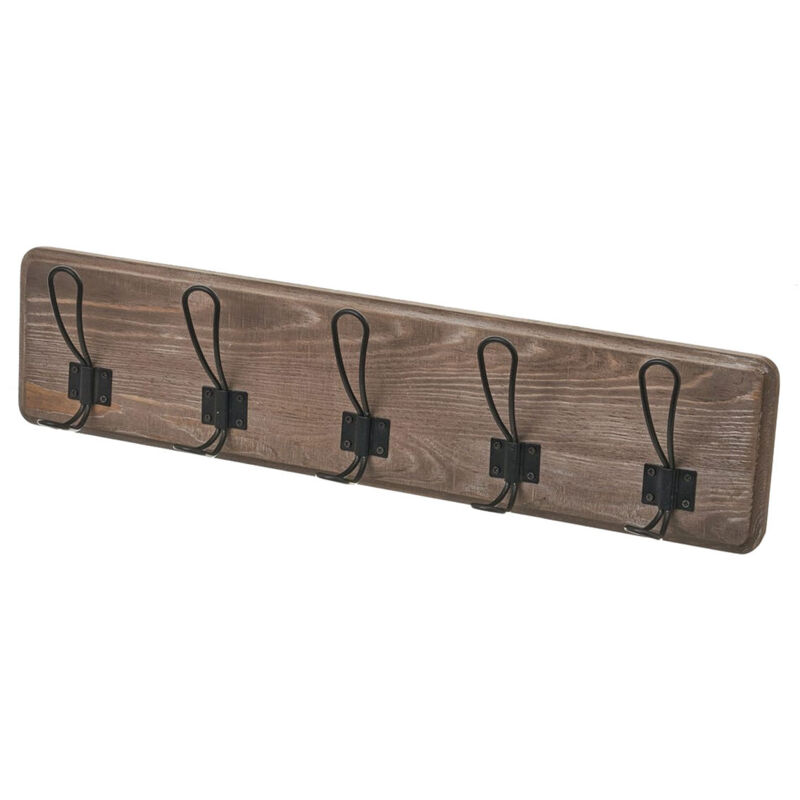Porte-manteau mural bois de pin foncé, 5 crochets