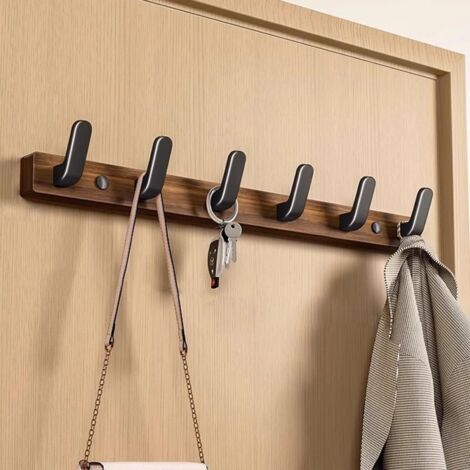 Porte Manteau Mural Bois Noyer avec 6 Crochets, Bois Massif Porte Manteau Salle De Bain, Patere Murale pour une Entrée, Chambre, Salle de Bain et Vestiaire