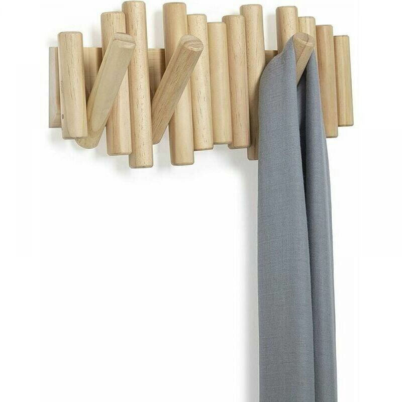SNQ - Porte Manteau Mural Bois, Patere Murale, 100% Naturel de Haute Qualité, 5 Crochets Retractables, Design Innovant -37,1x16,5x4,4 cm