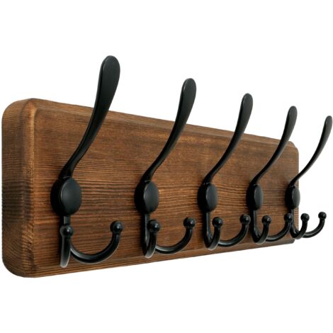 Porte Manteau Mural Bois,5 Crochets Triples,Patère Murale,44 cm Bois Massif Porte Manteau Salle De Bain pour Manteaux Veste,Marron