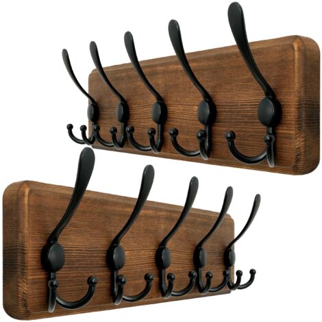 Porte Manteau Mural Bois,5 Crochets Triples,Patère Murale,44 cm Bois Massif Porte Manteau Salle De Bain pour Manteaux Veste,Marron,Lot de 2