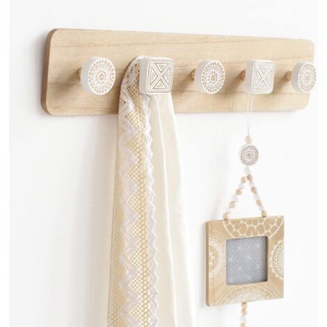 Porte Manteau Mural Bois,Patère Murale,Bois Massif Porte Manteau Salle De Bain,5 Crochets pour Manteaux Veste pour chambre à coucher, cuisine, salon, vestiaire Naturel
