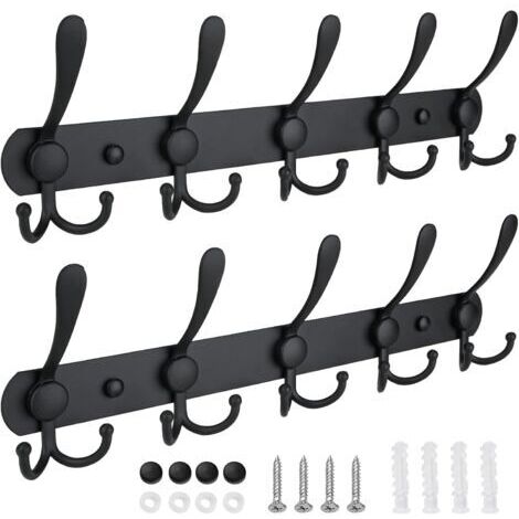 Porte-manteau mural, cinq crochets robustes, construction entièrement en métal pour veste, manteau, chapeau dans l'entrée du vestiaire (noir mat, paquet de 2)
