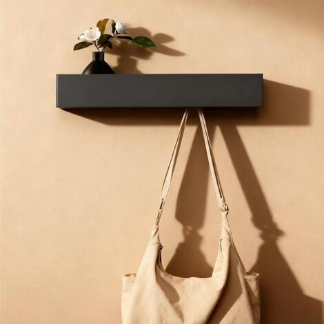 Porte-manteau mural de 43,5 cm avec étagère, 5 crochets dissimulés, crochets en bois et en métal, discret, pour entrée, chambre, salle de bain et salon, noir