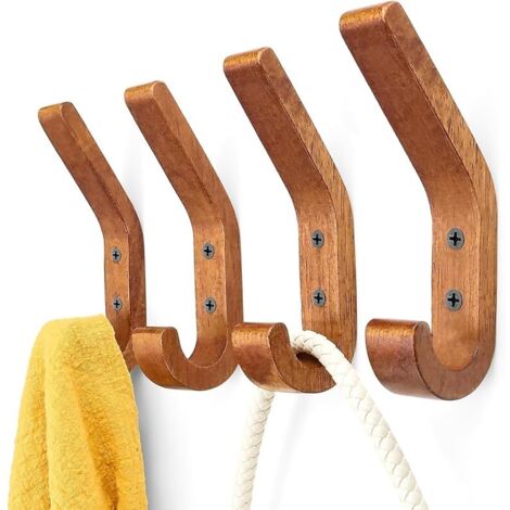 Porte-manteau mural en bois - Lot de 4 crochets en J couleur noyer, 155 mm, version améliorée. Crochets muraux en chêne de qualité supérieure, surface polie et huilée, pour cuisine et chambre.