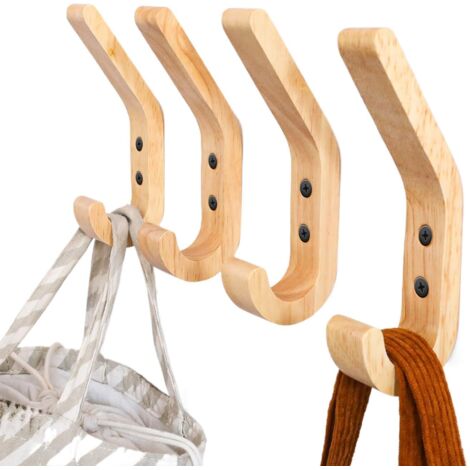 Porte-manteau Mural en Bois Massif (4 Pièces) - Crochets Design en Chêne Poli à Main - Support 10kg - Pour Cuisine, Chambre & Salle de Bain