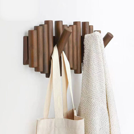 Porte-manteau mural en bois massif de qualité supérieure, doté de 5 crochets rétractables et d'un design innovant. Dimensions : 38 × 17 × 3 cm (coloris noyer).