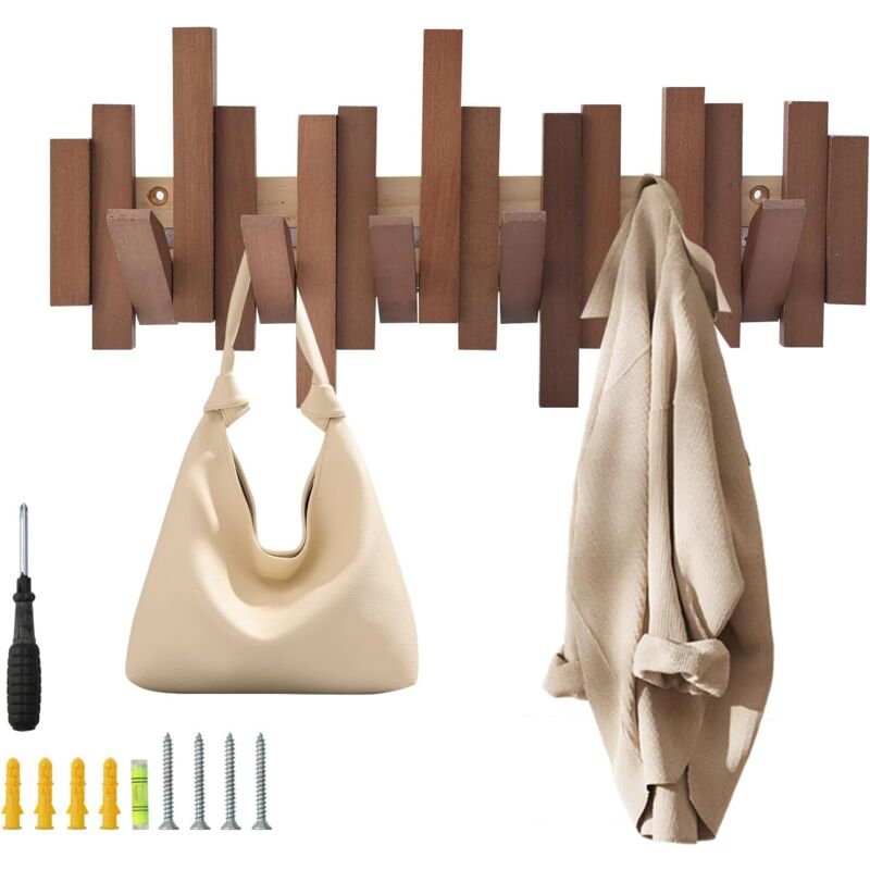 KZQ - Porte-manteau mural en bois naturel avec 6 crochets - Style moderne rabattable - Pour entrée, salle de bain, manteaux, chapeaux, sacs