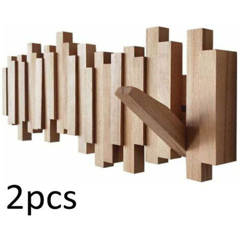 Porte-manteau mural en bois naturel avec 8 crochets - Style moderne rabattable - Pour entrée, salle de bain, manteaux, chapeaux, sacs(2pcs)