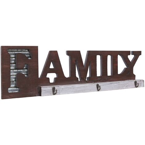 Porte-manteau mural Family avec 3 crochets design rustique bois métal 040000977