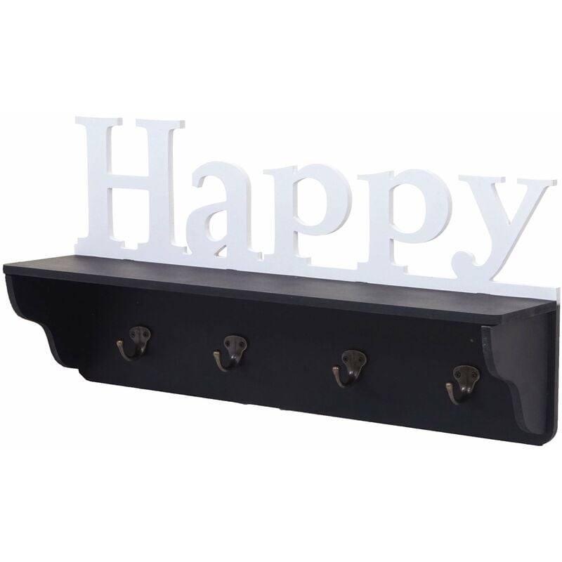 Décoshop26 - Porte-manteau mural Happy avec 4 crochets 30x60x13cm en bois de pin noir/blanc 040001017