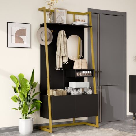 Porte manteau mural moderne-Tablette et miroir intégrés-Crochets métal et portant-Banc avec rangement chaussures