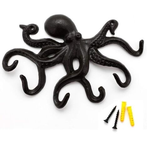 Porte-manteau mural Octopus, porte-manteau mural au design rustique, crochet pour manteau robuste avec 6 tentacules - Noir
