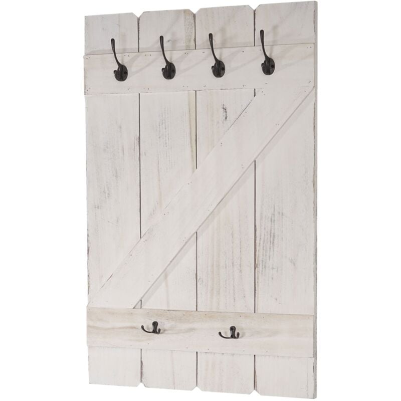 Décoshop26 - Porte-manteau mural panneau avec 6 crochets 91x60cm en bois blanc vieilli 040001012