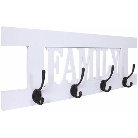 Porte-manteau mural patère en bois blanc avec 4 crochets 20,5x60x1,5 cm MED04064
