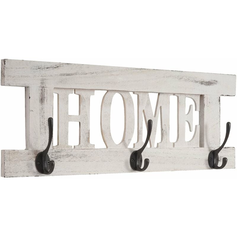 Porte-manteau mural patère en bois blanc vintage avec 3 crochets 20x55cm MED04052