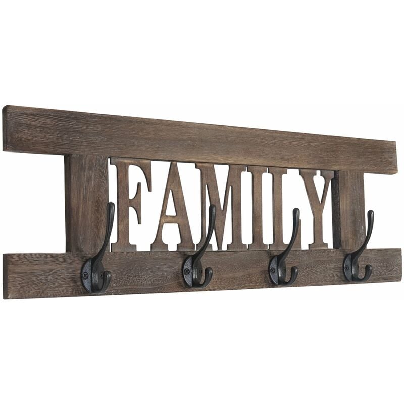 Porte-manteau mural patère en bois marron vintage avec 4 crochets 20,5x60x1,5 cm MED04049