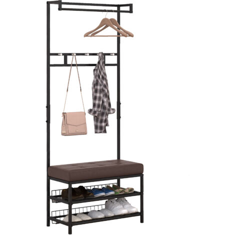 Porte-manteau , portant à vêtements avec 5 crochets et banc à chaussures à 2 niveaux, armoire métallique pour entrée ou chambre, 72,5 x 35 x 180 cm