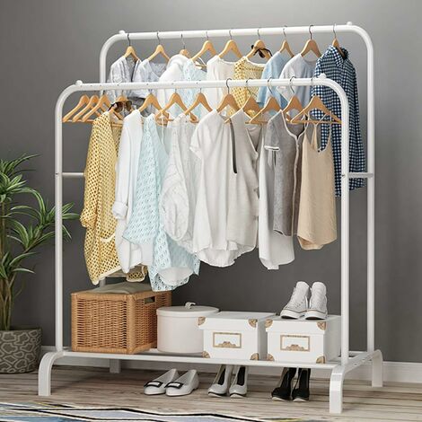 Porte Manteau Portant à Vêtements Penderie Cintre Tiges Double avec Etagère de Rangement Chaussures Blanc