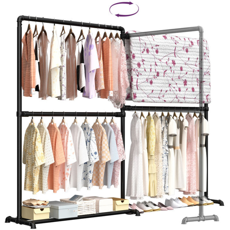 Porte manteau extensible 190x45x170 cm – 4 barres de suspension et 2 paniers – Montage sans percer – Structure métallique noire