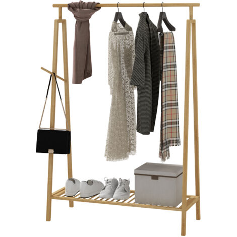 Porte manteau Portant pour vêtements en bambou, Porte-manteau en Bois avec étagère à chaussures dim. 110L x 42l x 152H cm