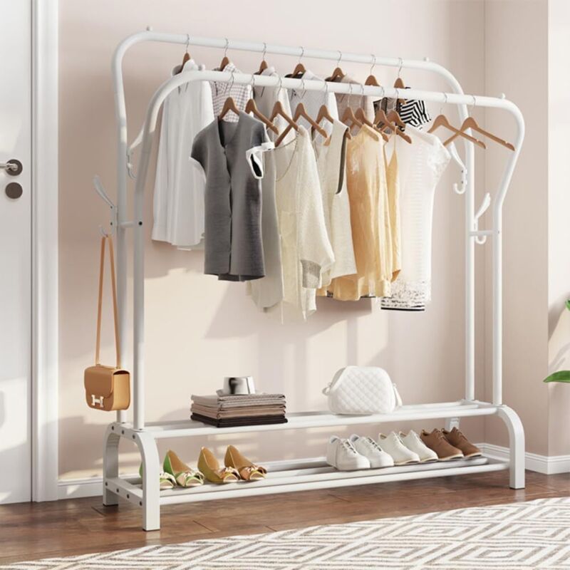 Keepbuying – Porte-manteau double avec étagère à chaussures et 8 crochets – Métal robuste – Dimensions 110 x 35 x 146 cm – Blanc