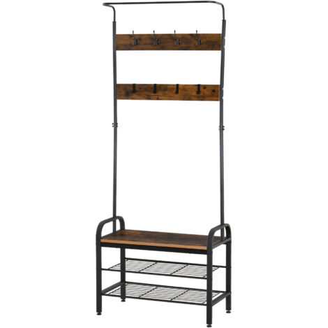 Porte manteau Porte-manteau, étagère à chaussures et portant à vêtements  avec 8 crochets et 2 étagères, MDF, noir, 72 x 34 x 185 cm