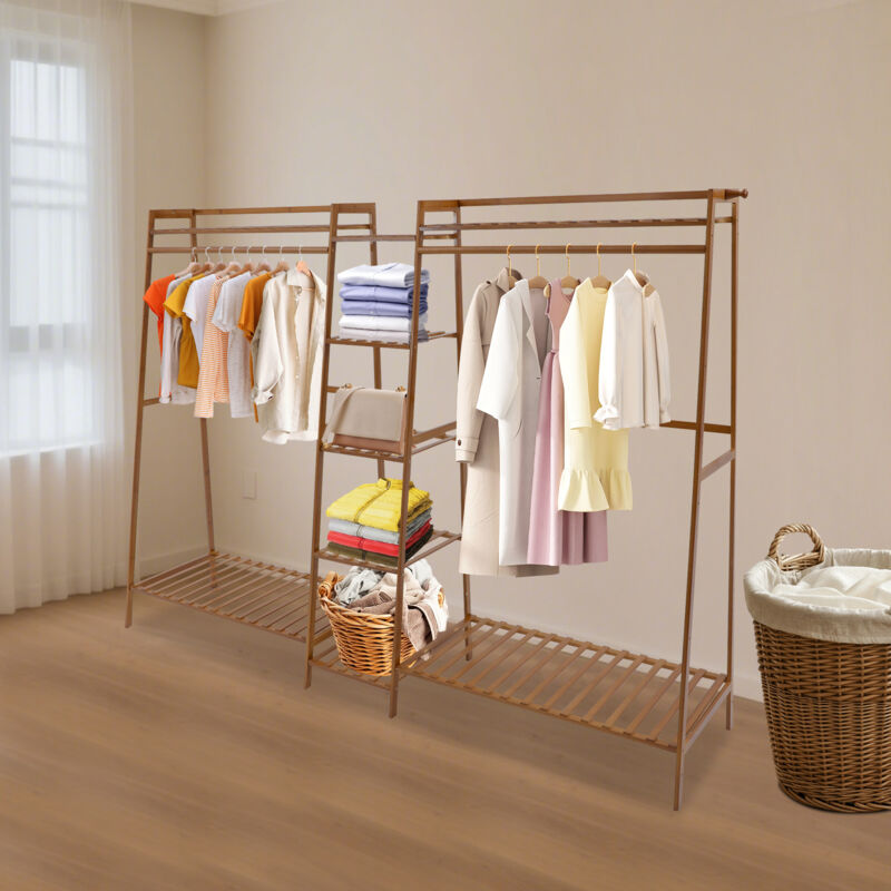 Porte-manteau sur pied 190 x 40 x 140 cm, double étagère en bambou, support pour suspendre les vêtements, porte-manteau ouvert pour armoire, capacité