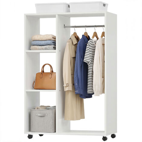 Porte-manteau sur pied à roulettes, 3 étagères et tringle en bois, 80 x 40 x 128 cm