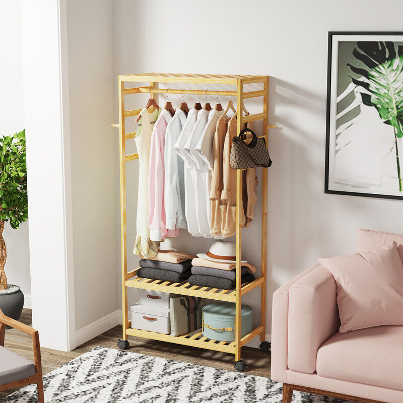 Porte-Manteau en Bambou sur Pied Naturel à Roulettes 169x78x41cm Meuble d' Entrée Portant Amovible pour Vêtements Chapeaux Sacs Plantes