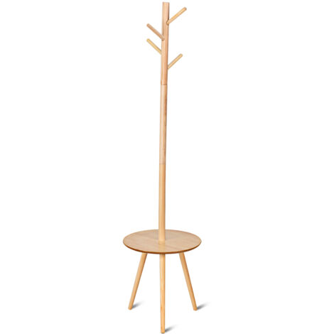 Porte-manteau sur pied en bois avec 4 crochet à vêtements et étagère pour rangement scandinave