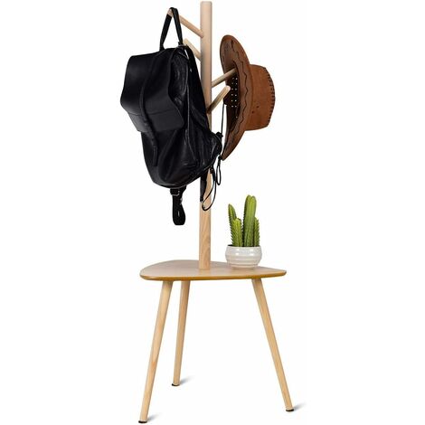 Porte-manteau sur pied en bois avec 4 crochet à vêtements et un étagère pour rangement scandinave