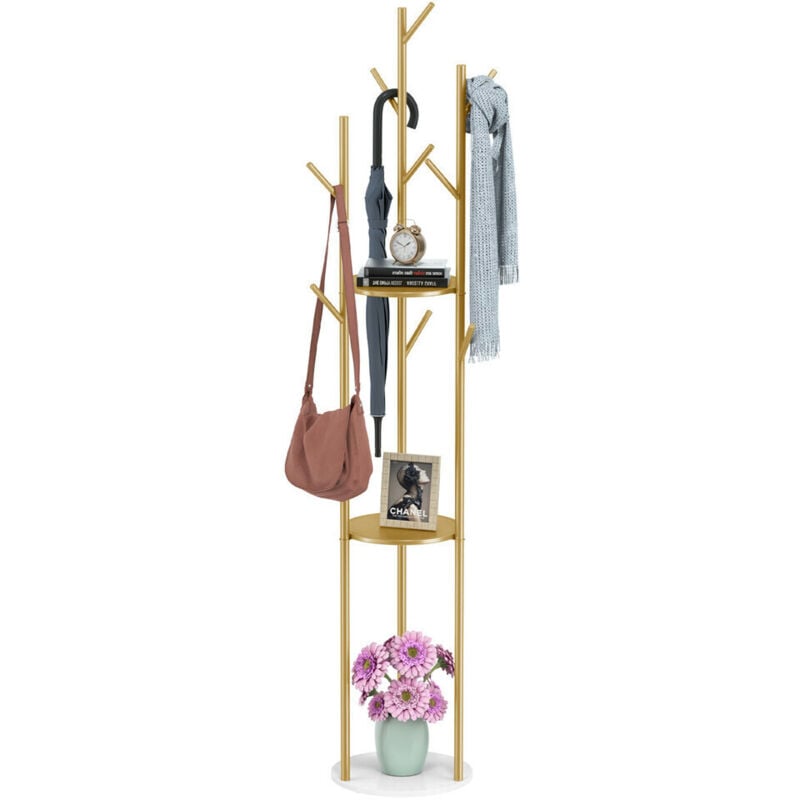 Unho - Porte-Manteau sur Pied en Marbre + Métal Meuble d'Entrée Portant pour Vêtements Chapeaux Sacs - Doré